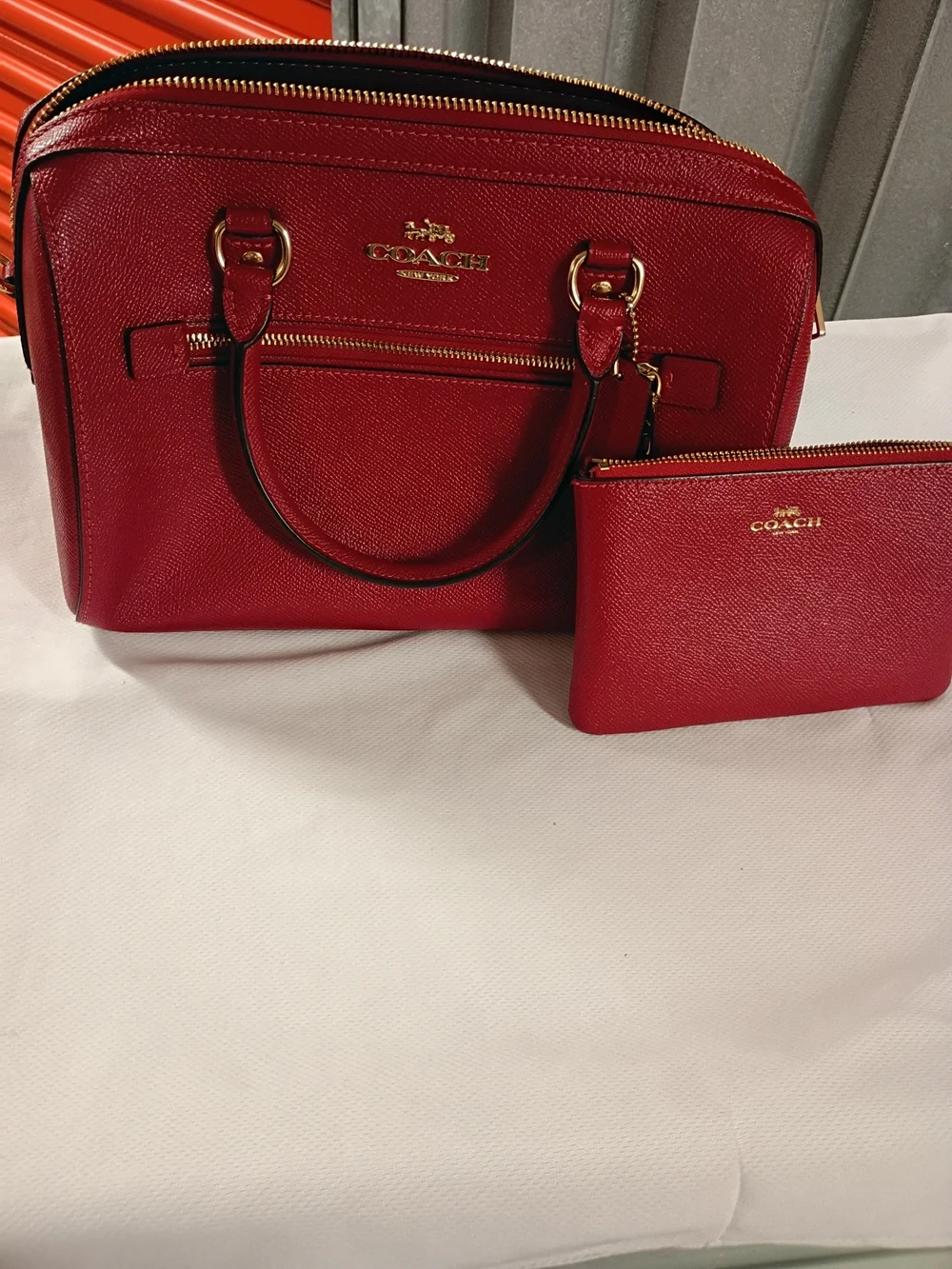 COACH Red Leather Satchel with Matching Pouch